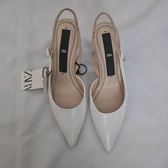 Zara Metal Trim White Pointed Toe Beige Slingback Kitten Heels Size 39/US-8 NWT - Picture 5 of 11